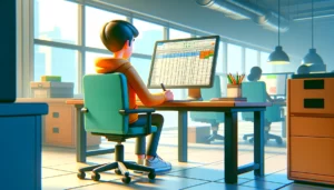 Um jovem sentado em uma mesa de escritório, diante do computador, com uma planilha da ferramenta 5W2H aberta e ele está preenchendo.