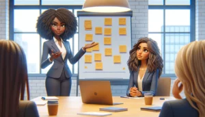 Uma sala de reuniões com quatro mulheres. Uma executiva negra está em pé apresentando o modelo de negócio canvas.