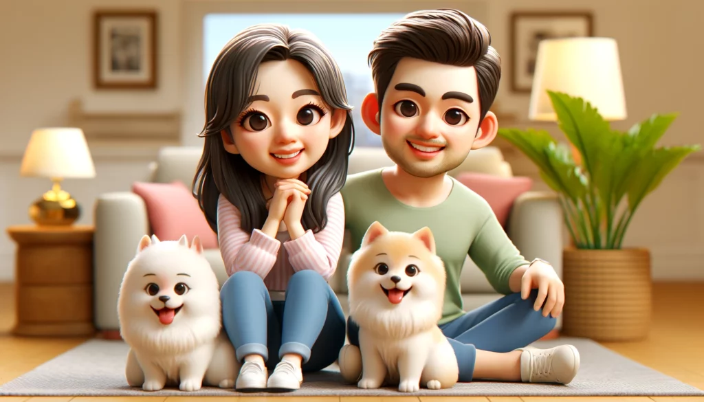 Um casal de asiáticos com dois cachorros em sua casa. O nome da esposa é Maria, retratada no mapa de empatia do artigo.
