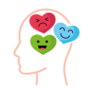 Um desenho de uma cabeça humana e dentro dela algumas figuras de coração representando as emoções íntimas. Imagem gratuita do Freepik.