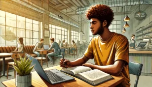 Um jovem negro em uma cafeteria diante do computador fazendo análise de mercado para elaborar uma estratégia de negócios